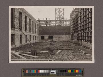 Huntington Library Construction: view of courtyard showing the east side of the Center Wing, the north side of the Main Building, and the west side of the East Wing