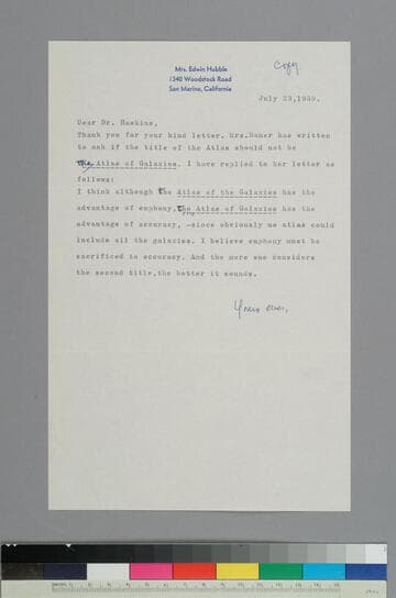 GBH writes to Caryl Haskins of the Carnegie Institution of Washington regarding the title of the Hubble Atlas of Galaxies