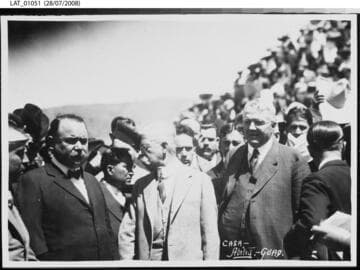 Harry Chandler with Julius Krutschnitt and President Alvaro Obregon at Southern Pacific de Mexico event