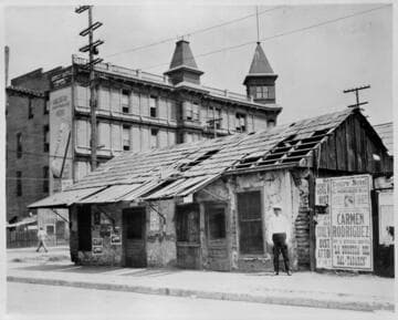 Passing of the adobes in Sonora Town.  South East corner of New High & Ord Streets